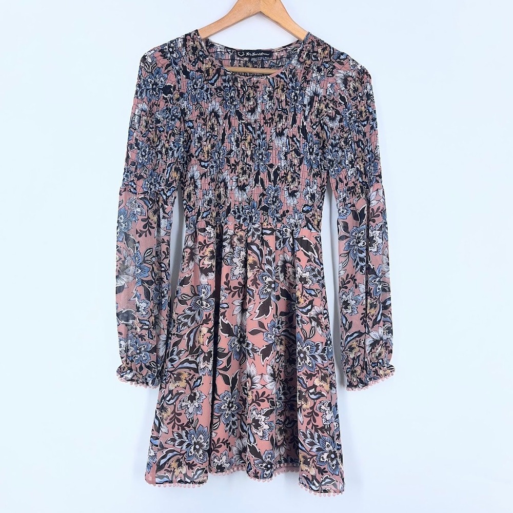 For Love & Lemons Fall 2016 Smocked Floral Mini Dress Pink Blue Small